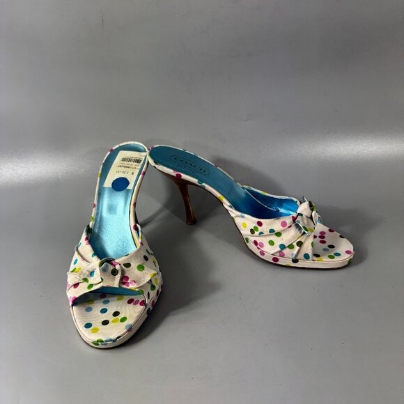 COACH White Satin Multicolor Polka Dots Heels Bow Accents, Size 7.5 B - Picture 1 of 15